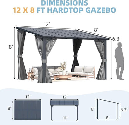 AECOJOY 12' x 8' Gazebo Outdoor Pergola with Curtains and Netting, 8'x12' Hard Top Lean to Pergolas and Gazebos Clearance with Patio Roof, Large Wall-Mounted Heavy Duty Awnings for Patio, Decks
