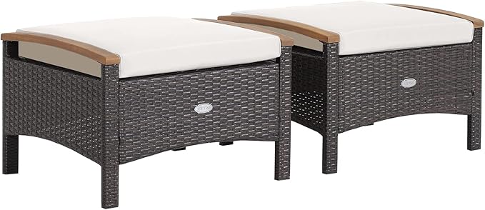 Tangkula 2 Piece Patio Rattan Ottomans, Outdoor Wicker Footstool w/Acacia Wood Handles, Soft Zippered Cushions, 3-in-1 Function Footstool Seat & Side Table for Backyard, Balcony, Poolside (Off White)