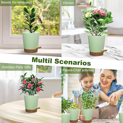 Self Watering Pots, 4 inch Flower Pots with Multi Mesh Drainage Holes, Small Platic Planters for Indoor Outdoor Garden Plants and Flowers (Green with Brown Tray, 4")