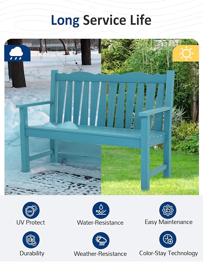 Outdoor Bench, Lake Blue HIPS Poly Lumber, 800 lb Capacity