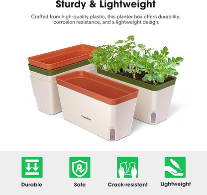 VIVOSUN Self-Watering Planters, 8-Pack 10.5 Inch Compact Rectangular Window Herb Planter Box with 10 PCS Plant Labels, Plant Container for Basil, Flowers, Succulents, Indoor & Outdoor