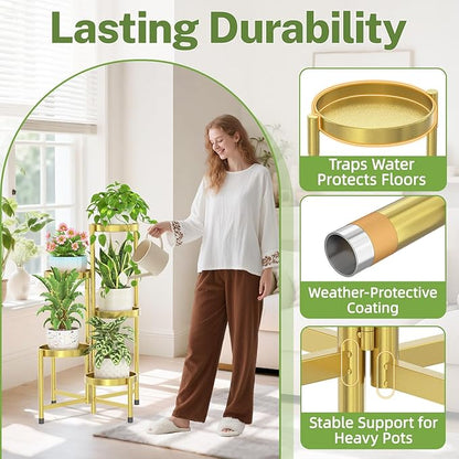 iDavosic.ly Plant Stand Indoor Outdoor, 5 Tier Corner Metal Flower Display Holder Shelf, Easy Assembly Folding Tall Orchid Rack for Patio Balcony Porch Garden Living Room House, Gold