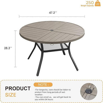 VICLLAX Round Patio Table with Adjustable Umbrella Hole for 6, All Weather Metal Outdoor Dining Table for Lawn Garden, 47.2" Outdoor Coffee Table, Grey Wood-Like Tabletop