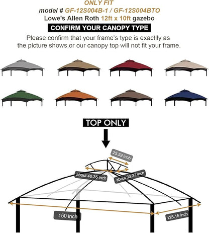 Eurmax USA High Performance Replacement Canopy Top for Lowe's Allen Roth Heavy Duty Gazebo Roof Gazebo Top with Air Vent 10X12 Cover #GF-12S004B-1, Replacement Top Only (Brown)