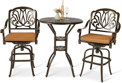 VIVIJASON 3-Piece Patio Swivel Bar Stools Set, All Weather Cast Aluminum Outdoor Bar Height Bistro Set with 2 Cushioned Bar Chairs & 31" High Bar Table w/Umbrella Hole for Backyard, Lawn, Garden