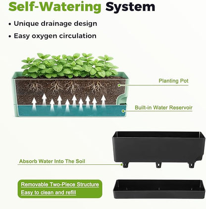 Self Watering Pots for Indoor Plants 17 Inches Window Boxes Planters Rectangular Flower Pots Rectangle Herb Pots Large Plant Pots with Drainage Holes and Saucers Windowsill Planter (2, Black)