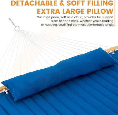 Lazy Daze 12 FT Double Quilted Fabric Hammock with Spreader Bars and Detachable Pillow, 2 Person Hammock for Outdoor Patio Backyard Poolside, 450 LBS Weight Capacity, Dark Blue/Natural