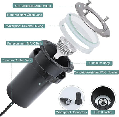 Gardencoin Low Voltage Landscape LED Well Lights, 12V in Ground Lights Outdoor IP67 Waterproof, 4.3 inch Wired Landscape Up Lighting, Included Replaceable 5W 2700K MR16 Bulb Dimmable, 6 Pack