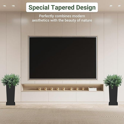 Tall Planters 18" H - 2 Pack, Tapered Pots with Drainage Insert Shelve & Trays, Metal Outdoor Planter Box for Porch, Garden, Patio, Yard (Black)