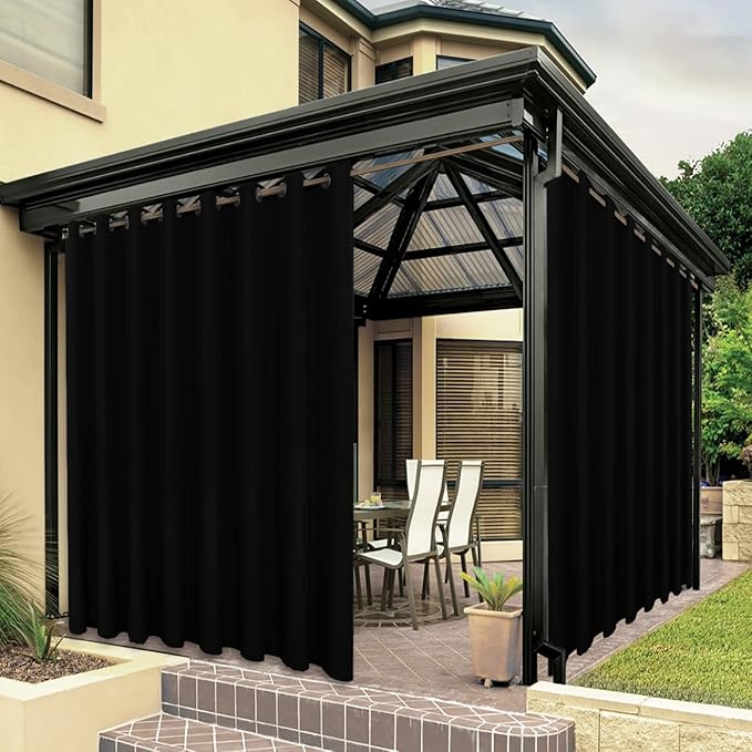 BONZER Outdoor Curtains for Patio Waterproof Thick Privacy Extra Wide Grommet Light Filtering Outside Curtains for Porch Pergola Gazebo Deck, 1 Panel, 150W x 84L inch, Black