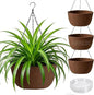 T4U Hanging Planters for Outdoor Plants, 12 Inch 4 Pack Fabric Hanging Baskets with Drainage Tray, Decorative Hanging Pots for Plants Outdoor Patio Porch Garden Use（Brown）