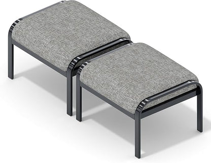 HOMREST Metal Outdoor Ottoman, 2-Piece Aluminum Footstool w/Removable Cushion, Multipurpose Footrest Stool Additional Seating, Set of 2 Outdoor Ottomans for Patio Deck (Grey)