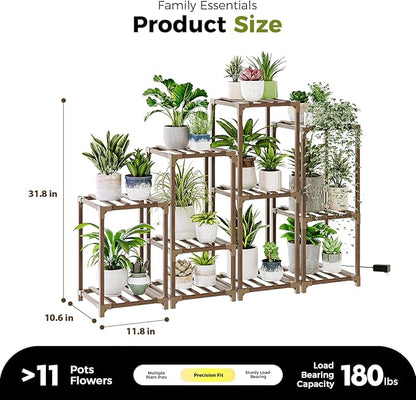 Bamworld Plant Stands with Grow Light Indoor 4 Sets Plant Shelves Outdoor Wooden Plant Holder for Multiple Plants Flower Stands Window Warm Light