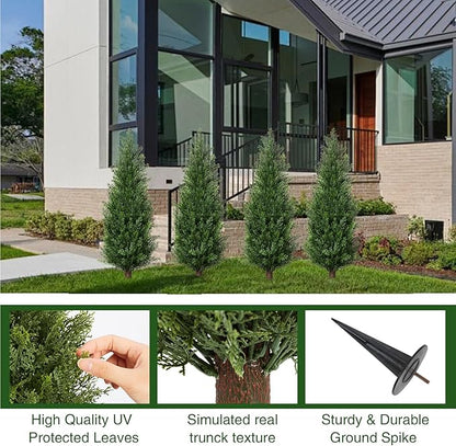 3FT Artificial Cedar Topiary Trees with Ground Spike, Set of 2 UV Resistant Fake Evergreen Bushes Shrubs Trees Artificial Plants Realistic Faux Cypress Plants for Indoor Outdoor Front Porch Garden
