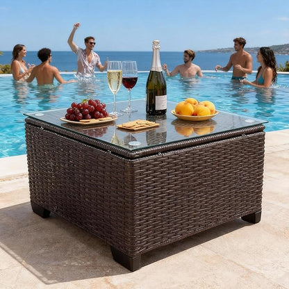 Wicker Patio Furniture - Square Outdoor Coffee Table, with Tempered Glass Tabletop & Rust-Resistant Coated Steel Frame, Compatible with Sectional Sofas, Ideal for Garden, Pool, Balcony, Black