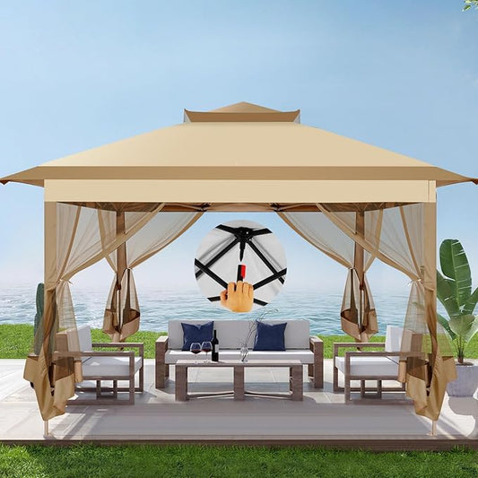 COBIZI 11x11 FT Pop up Gazebo Canopy Tent - Outdoor pop up gazebos on Clearance,carpas para Patio,Shelter - Screen Tents with Portable Carry Bag,Patio Gazebos for Camping,Garden,Deck,Backyard,Khaki