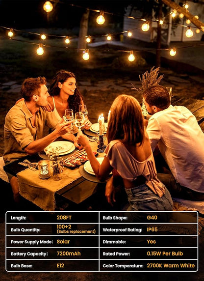 Brightown 208FT Solar String Lights Outdoor with Remote and 102 LED Shatterproof Bulbs, Dimmable & Timable, 3 Light Modes, Solar Patio String Lights Outdoor for Cafe, Garden, Deck, Outside Wedding