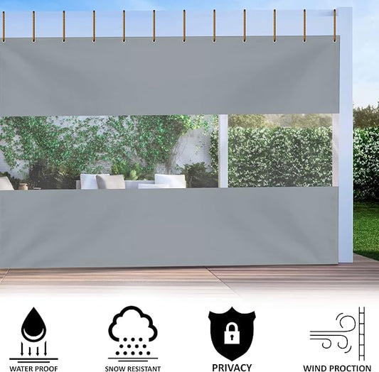Outdoor Curtains with Clear Vinyl Panel, Waterproof, 10 x 13 ft Gray