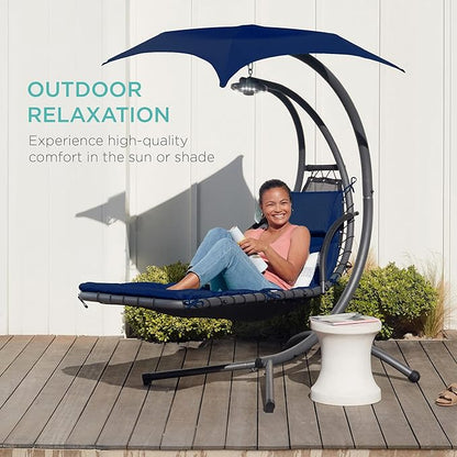 Best Choice Products Outdoor Hanging Curved Steel Chaise Lounge Chair Swing w/Built-in Pillow and Removable Canopy - Navy Blue
