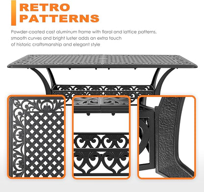 NUU GARDEN 60" Outdoor Dining Table with 2.09" Umbrella Hole, All Weather Cast Aluminum Outdoor Patio Table, 6-8 Person Rectangle Dining Table, Backyard Bistro Table for Garden, Poolside, Black