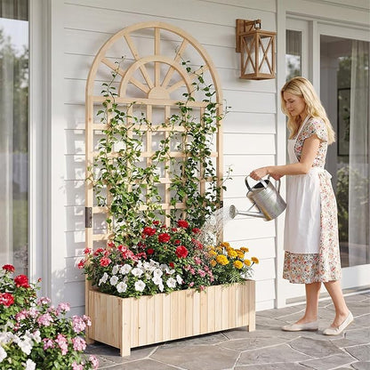 Giantex Wooden Raised Garden Bed with Arched Trellis Set 2, 71” Fir Wood Outdoor Elevated Planter Box Privacy Screen w/Drainage Holes, Vertical Garden Bed for Climbing Plants, Patio Balcony Backyard