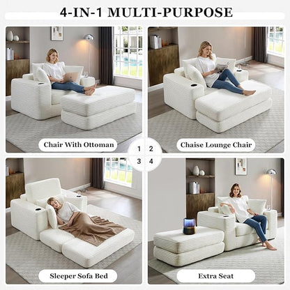 HANXIN 62" Chaise Lounge Chair Indoor, Oversized Corduroy Boneless Convertible Chaise Lounge Couch Sleeper Chair with Ottoman, Deep Seat Reading Chair, No Assembly Required (Beige)