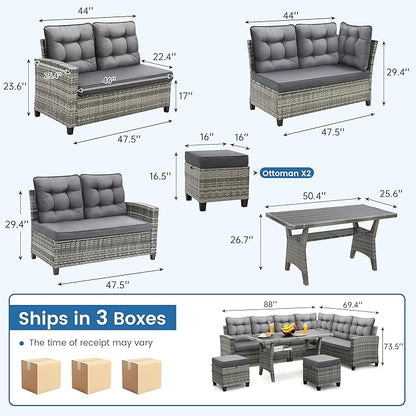 6-Piece Patio Furniture Set, Outdoor Sectional Sofa with Dining Table & Chairs, All-Weather Dining Set with Removable Cushion Covers, Ideal for Garden, Porch, Backyard, Grey