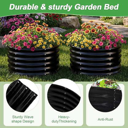 AHEONLAR 2 Pack 2x2x1.5ft Round Galvanized Raised Garden Bed Outdoor Metal Planter Box for Vegetables Steel Raised Beds for Gardening Black