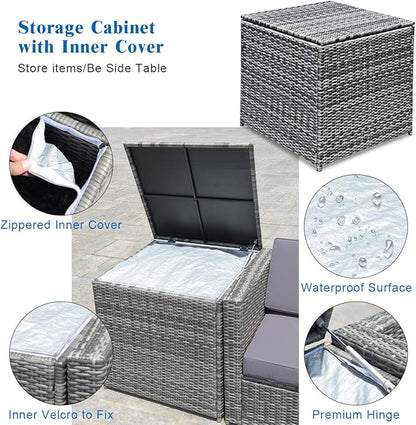 Tangkula 8 PCS Outdoor Patio Furniture Set, Rattan Wicker Sofa Set, Sectional Sofa Couch Conversation Set w/Storage Table and 12 Zippered Cushions for Garden Backyard Poolside (Grey)