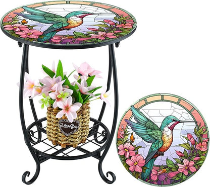 Outdoor Side Table Round Small Mosaic Patio Accent Indoor End Plant Metal Coffee Tea Table for Yard Porch Garden Patio Living Room, Bedroom(Hummingbird Style,14 Inch)