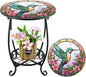 Outdoor Side Table Round Small Mosaic Patio Accent Indoor End Plant Metal Coffee Tea Table for Yard Porch Garden Patio Living Room, Bedroom(Hummingbird Style,14 Inch)