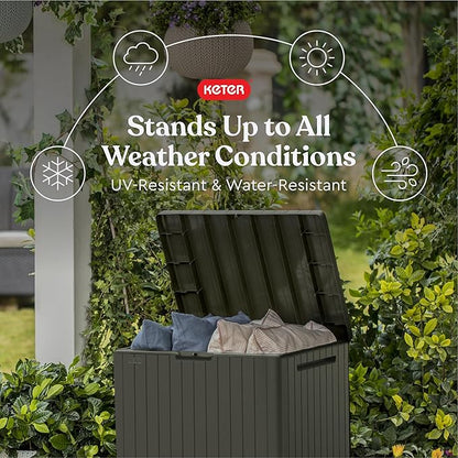Keter City 30 Gallon Resin Outdoor Storage Box & Patio Side Table for Balcony, Pool, Deck & Garden Accessories, Weather‑Resistant, Mossy Brown