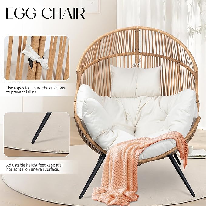 JAMFLY Egg Chair Wicker Outdoor Chairs, Oversized Patio Chair Oversized Lounger Chair with Cushion for Indoor Living Room, Bedroom, Outside Patio Backyard Balcony, Beige