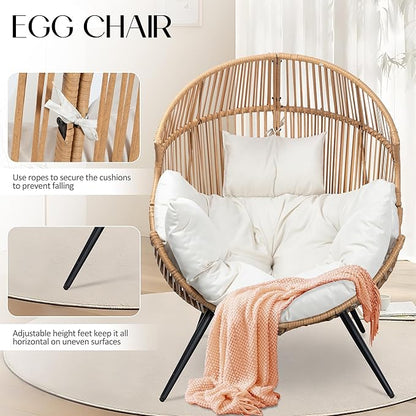 JAMFLY Egg Chair Wicker Outdoor Chairs, Oversized Patio Chair Oversized Lounger Chair with Cushion for Indoor Living Room, Bedroom, Outside Patio Backyard Balcony, Beige