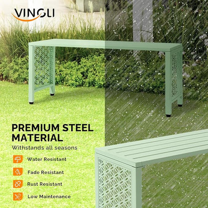 VINGLI 40in Outdoor Metal Bench, All-Weathe Backless Patio Bench with Slatted Seat＆Floral Side Panels, Rust-Resistant Garden Bench, Weatherproof Outdoor Seating for Porch Entryway Backyard (Green)