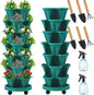 Umigy 2 Set of 7 Tier Vertical Planter Stackable Tower Planters Strawberry Herb Flower and Vegetable Pots Indoor Outdoor Gardening Pots with Removable Wheels and Tools(Green)