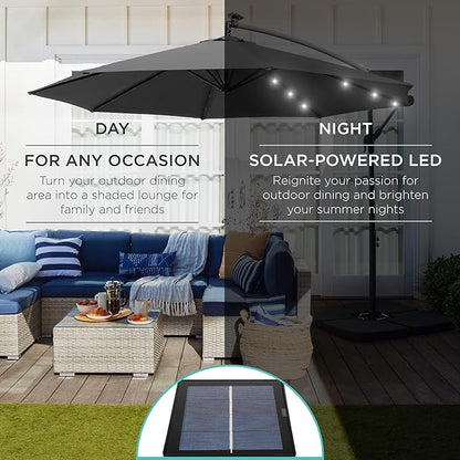 Best Choice Products 10ft Solar LED Offset Cantilever Hanging Market Patio Umbrella, 8 Sturdy Ribs, Easy Adjustment - Gray