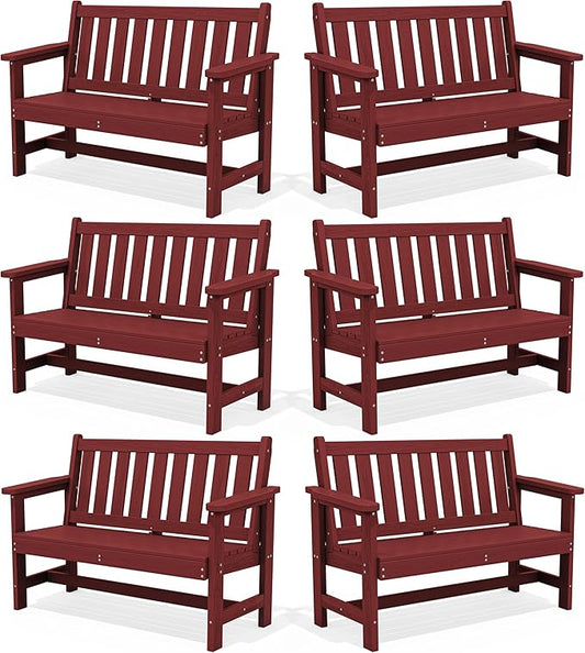 SERWALL Outdoor Bench, HDPE Outdoor Benches Weatherproof, 2-Person Garden Bench with 660 lbs Weight Capacity, Patio Benches for Outdoors, Garden, Porch, Backyard and Park, Red, 6 Pack