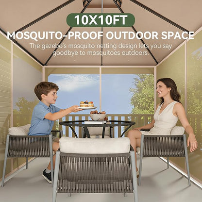 Aoxun 10x10 Outdoor Gazebo with 50FT LED Hanging Lights Metal Frame Canopy with Double Roofs Heavy Duty Party Tent Shelter with Mosquito Netting and Privacy Screen for Backyard, Lawn, Garden(Khaki)