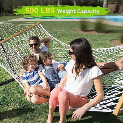 Double Hammock for 2 Person, Handwoven Rope Hammock with Spreader Bar Without Stand - Indoor & Outdoor Use for Patio, Poolside, Backyard (White)