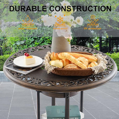 Outdoor Bar Height Table, 31.5" Round Cast Aluminum Patio Pub Table with Umbrella Hole, All-Weather Design for Deck/Garden/Poolside (Bronze)