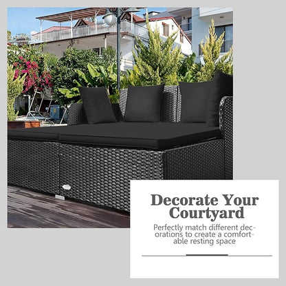 HAPPYGRILL Patio Rattan Daybed Outdoor Loveseat Sofa Set with Padded Cushion Pillows and Sturdy Aluminum Foot Wicker Patio Furniture for Garden Porch Poolside