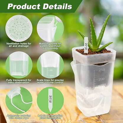 12 Pack Self Watering Pots Set for Indoor Plants, 2.5" Small Clear Self Watering Planters with Watering Holes Plastic Flower Pot with 12 Labels, 12 Ropes