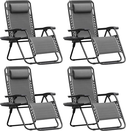 Homall Zero Gravity Chair Patio Folding Lawn Outdoor Lounge Gravity Camp Reclining Lounge Chair with Cup Holder Pillows for Poolside Backyard and Beach Set of 4 (Grey)