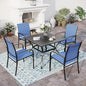 5 Piece Patio Dining Set for 4, 37”x37” Square Table with Umbrella Hole and 4 Metal Blue Chairs, Outdoor Table and Chairs Set for Lawn Backyard and Deck