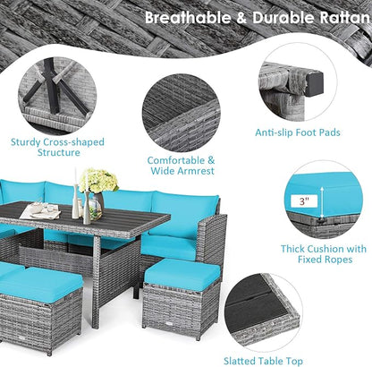 Tangkula 7 Pieces Patio Furniture Set, Outdoor Sectional Rattan Dining Sofa Set with Cushions, All Weather Wicker Conversation Couch Set with Dining Table & Ottomans for Yard Garden Poolside