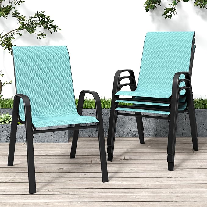 Patio Dining Chairs Set of 4 in Light Blue, Stackable Metal Frame
