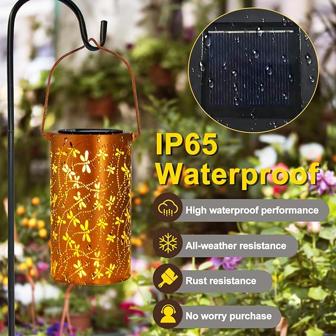 4 Pack Solar Lanterns Outdoor Hanging Lantern Lights, Dragonfly Hollowed-Out Metal Decor Lantern, Waterproof LED Decorative Garden Light - Delicate Garden Decoration for Patio, Yard