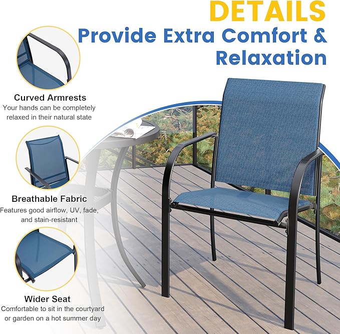VICLLAX Large Patio Dining Furniture Set, Outdoor Dining Set for 10-60" Round Outdoor Table and Patio Stackable Chairs, Black Tabletop and Blue Fabric