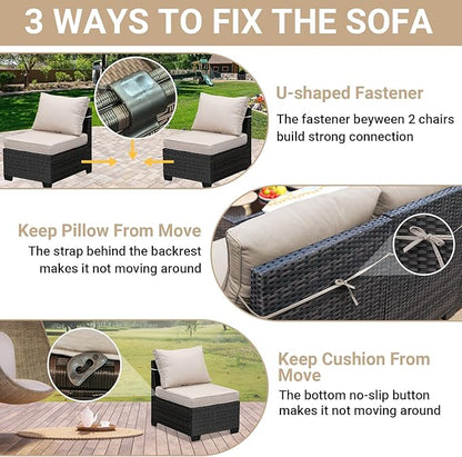 Jing's Villa 9-Piece Patio Furniture Set, All-Weather Outdoor Wicker Sectional Sofa with Cushions, Tempered Glass Table & Ottoman, Rattan Conversation Seating for Porch, Garden, Backyard,Beige